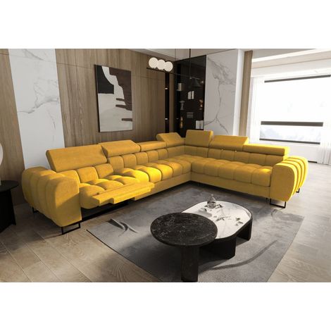 Ecksofa Schlafsofa BASTIEN RELAX in Stoff Moly Gelb Ottomane Rechts
