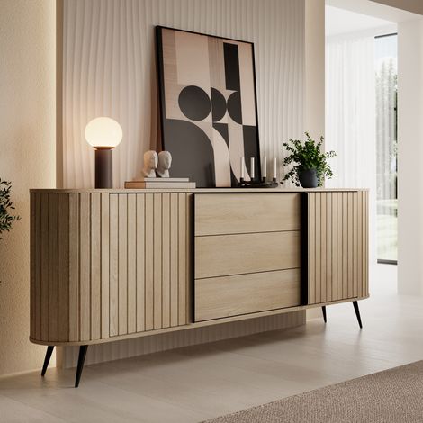 Credenza Hanira, Madia 3 Cassetti, 2 Ripiani, Apertura Scorrevole, 196x40x82h cm Marrone Rovere (1/5)