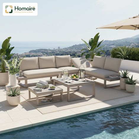 HOMAIRE Set de mobilier de jardin en angle avec fonction de inclinaison réglable (5 positions, jusqu'à 55°), tube en acier galvanisé, plateau de table en bois synthétique et deux tables basses, Beige 