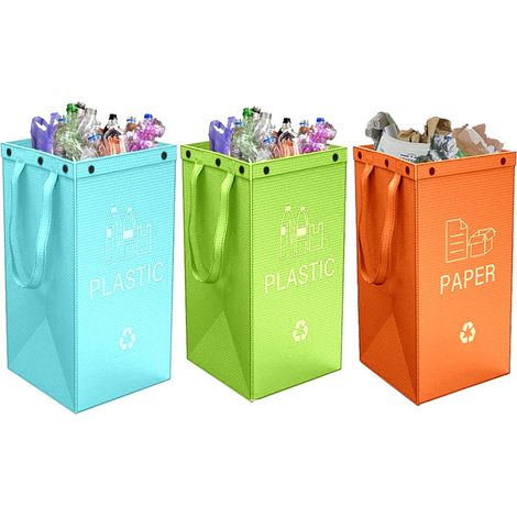 Ensemble de 3 poubelles de recyclage pliables - Imperméables et de grande capacité pour la cuisine et le bureau, tri modulable pour piles, canettes, papier et plastique. (1/5)