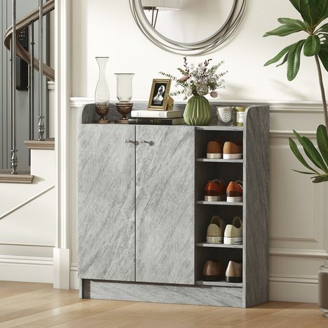 Meuble de rangement à chaussures pour entrée avec 4 compartiments ouverts et placard double porte - étagère réglable (1/5)