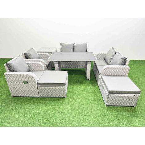 Fimous 8 Pieces Outdoor PE Rattan Sofa Reclining Chair Set Patio Garden Furniture Sets with Cushions Side Table 2 Big Stools Light Grey (1/4)