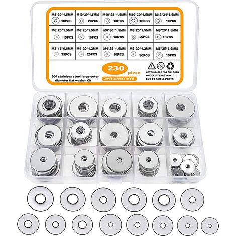 230 Pièces Rondelles Plates Larges, Rondelles en Acier Inoxydable, Rondelle étanchéité Ronde Fixation Meuble pour Vis Boulons, Ensembles d'Outils à Main, M3-M12 (1/5)