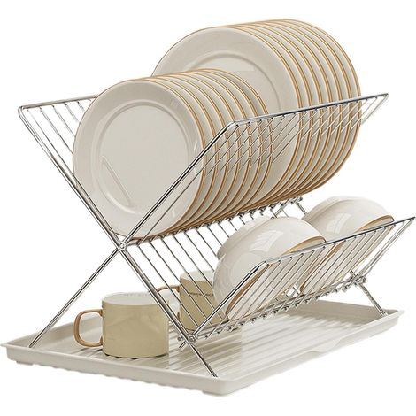 Égouttoir à vaisselle, égouttoir à vaisselle à 2 niveaux, avec design assiettes couverts et peu encombrant, construction robuste, pour pliable, fer (1/5)