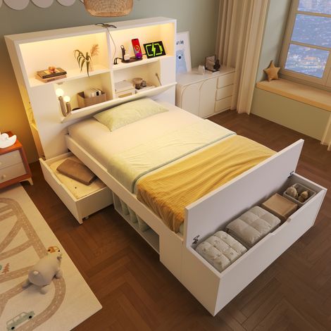 Cama de madera blanca 90x200 cm con almacenaje, LED, puertos USB, banco y somier de láminas (1/5)