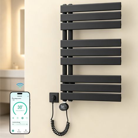 Mai & Mai Sèche-serviettes Électrique 76x50cm Gris noir avec Résistance Chauffante 600 W Contrôle à Distance Chauffage Central Radiateur pour Salle de Bain