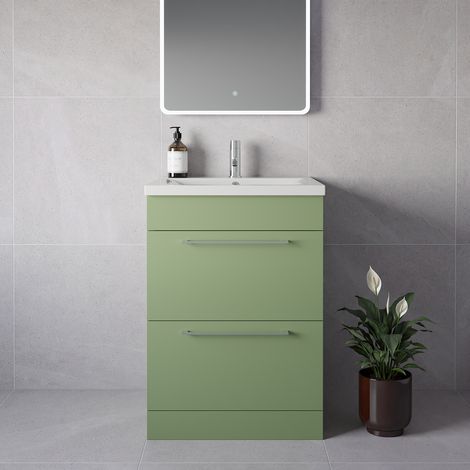 Napoli 460 Olive Green 600mm 2 Drawer Vanity Unit with Glide Basin - 600mm - Chrome 320mm Handle