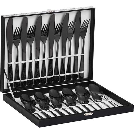 Besteckset Schwarz 24 Teile für 6 Personen Edelstahl 18/10 poliert Geschenkbox spülmaschinenfest (1/5)