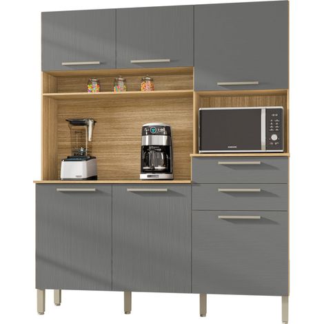Beaux Meubles Pas Chers – Buffet de cuisine 6 portes 2 tiroirs imitation chêne et gris structuré – Dimensions L 160.7 H 196 P 38.8 cm – 6 pieds réglables