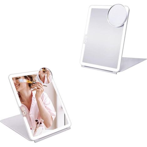 Miroir de maquillage pliable et lumineux à intensité variable, rechargeable, avec miroir grossissant x10, blanc (1/5)