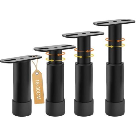 Lot de 4 - Pied de lit - Support central - Réglable en hauteur 18-30 cm - Acier laminé à froid - Antidérapant - Pour sommier à lattes - Noir (1/5)