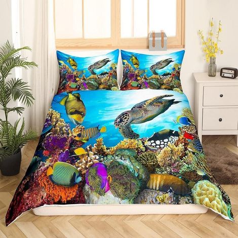Bettwäsche Set 135x200cm Kinder 3D Schildkröte Koralle Fische Meeresleben mit Reißverschluss
