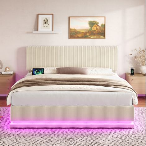 lit adulte lit coffre 160x200 LED USB C beige OKMYHOME (1/3)