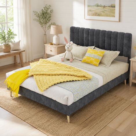 Letto 140x200 cm in tessuto e metallo con testiera imbottita, design basso grigio HAVRYA (1/5)