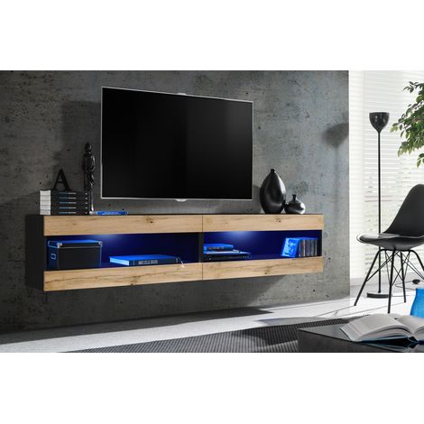 Komodee, Ensemble de Meubles Tivoli SET4,Noir/Wotan, Largeur 200cm x Hauteur 41 cm x Profondeur 35 cm, LED Bleu, pour Salon, Chambre à coucher