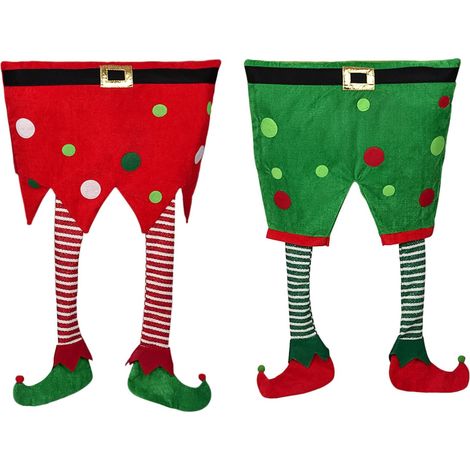 Lot de 4 Housses de Chaise à Pattes d'Elf de Noël, Housses de Chaise de Noël Originales, Protecteurs pour Décoration de Réveillon de Noël pour Salle à Manger (Forme Trapézoïdale) (1/4)