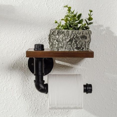 Porte Rouleau de Papier Rétro Industriel Papier Toilette Murale Bois avec Métal Tube Support Rustique (1/5)