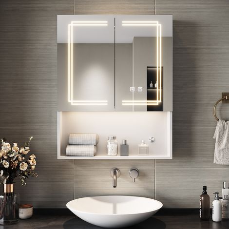 SIRHONA Miroir lumineux de salle de bain avec prise rasoir 3 modes d'éclairage 600x750mm Armoire de salle de bain design à rangement ouvert (1/5)