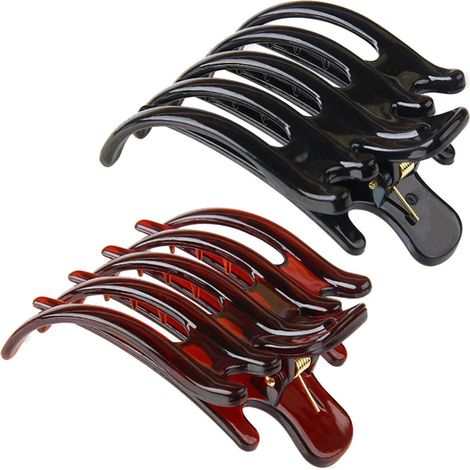 Lot de 2 grandes pinces à cheveux antidérapantes en plastique avec dents intérieures pour femmes et filles (noir + marron) (1/5)