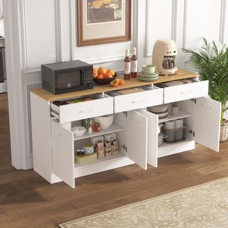 Buffet de placard de cuisine avec 3 tiroirs et étagères réglables,îlot de cuisine de 160 cm avec plan de travail en bois,blanc,76,5x160x37 cm