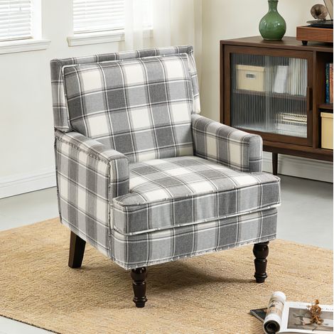 Cómoda butaca a rayas para salón, estructura estable, lino de algodón blanco y gris. (1/5)