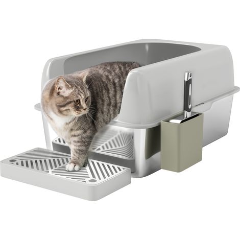 Pawhut – Bac à litière pour chat en acier inoxydable 60 x 40 x 29 cm – Parois de 13,8 cm – Plateau facile à nettoyer – Pelle et rangement inclus