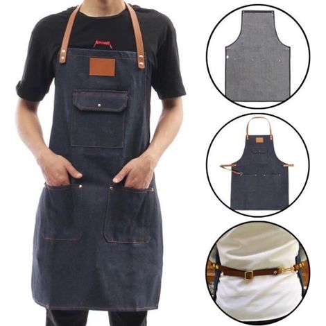 Tablier de cuisine en denim avec bretelles en cuir réglables - Chef - Sommelier - Boulangerie - Hôtel (1/4)