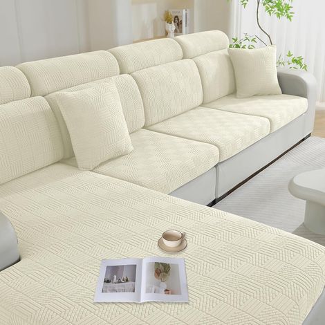 Housse Coussin Canapé Imperméable, Universelle Housse Assise Canapé Extensible Lavable, Protection Meubles, Remplacement Coussin Individuel (1 Place3+1 Chaise Longue, Beige) (1/5)