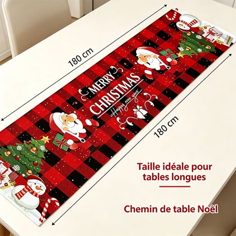 Chemin de table de Noël en polyester (1 pièce), 180 x 35 cm, motif bonhomme de neige et sapin de Noël à carreaux, décoration « Joyeux Noël », nappe de fête, cadeau de Nouvel An (1/5)