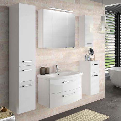 Badmöbel Kombination FES-4010-66 Spiegelschrank mit LED, gerundeter Waschtisch mit Keramikbecken - B/H/T: 174x200x46cm (1/5)