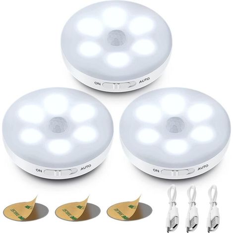 Veilleuse LED Automatique,Lampe A Detecteur de Mouvement Interieur,Lampes LED Sans Fil,3 Modes (Auto/On/Off) ,LED Lampe de Placard, Rechargeable Lampe USB pour Vitrines, Cuisine, Coiffeuse, Couloir [C (1/5)