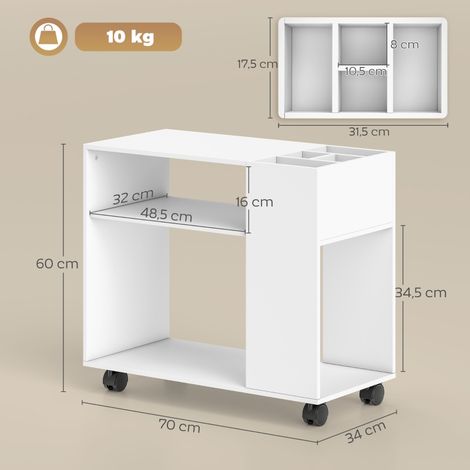 Support bureau imprimante avec rangements et compartiments, meuble de stockage pour espace de travail, 70 x 34 x 60 cm, blanc (1/5)