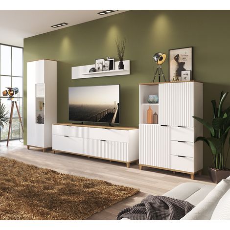 Wohnzimmer TV Wohnwand PLYMOUTH-129 in weiß mit Eiche Nb., B/H/T: ca. 370/208,4/40 cm (1/5)