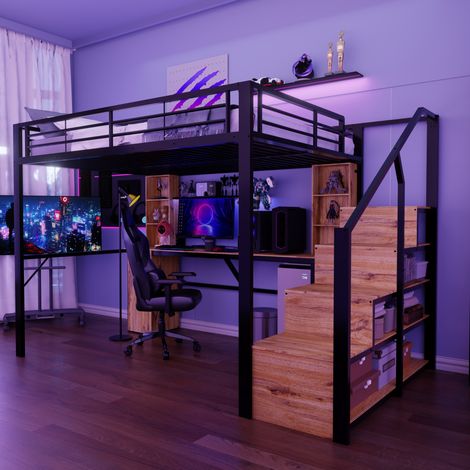 Lit mezzanine 140x200 cm avec bureau et armoire, lit surélevé avec étagères, escalier de rangement et port USB, structure en métal, noir (1/5)