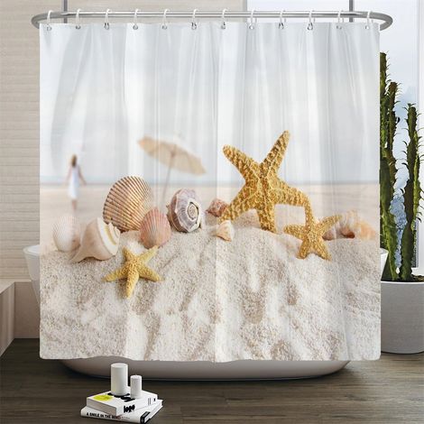 Rideau de douche 3D motif plage, rideau de salle de bain mer Méditerranée, tissu imperméable, dimensions : 180 cm x 240 cm.