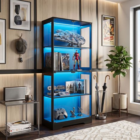Creahappy Vitrine en Verre 80x35x165 cm - Meuble Rangement 4 Niveaux avec Éclairage LED Intelligent - Portes en Verre Noir (1/5)