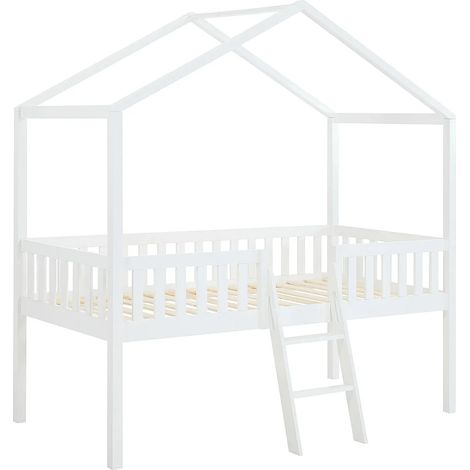 Lit cabane mi-hauteur 90 x 190 cm - Pin - Blanc - NALENY (1/5)