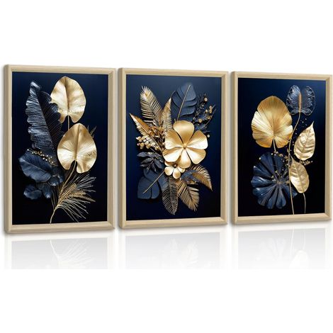 3 Pcs Bleu Marine Or Fleurs Feuilles Tableau Décoration Murale En Cadre, Moderne Or Noir Plantes Impression Sur Toile Nature Minimaliste Affiche Peintures Decoration Chambre Maison Bureau 30x40cmx3 (1/5)