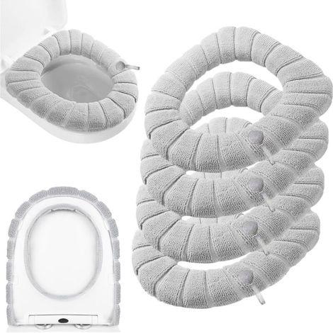 5er-Set Toilettensitzbezüge mit Griff – Extra weiches & dickes Sitzkissen – Dehnbar & waschbar – Passend für alle ovalen Toilettensitze (Grau)