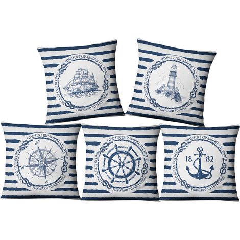 Cinco fundas de almohada de terciopelo con cuentas, de 45 x 45 cm, con temática náutica.