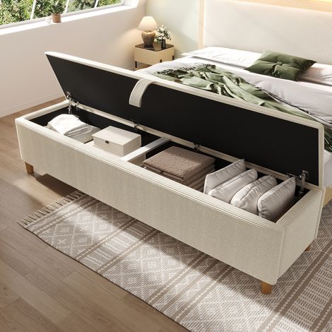 Bettbank mit Stauraum (145x38x46 cm), hydraulischer Stauraum, Cordstoff und Massivholz, Beige (1/5)