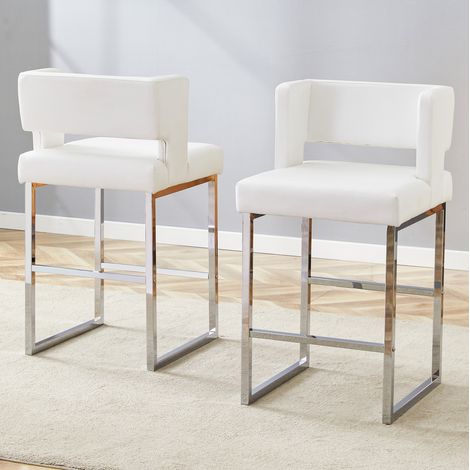 Set di 2 sgabelli da bar in stile nordico, seduta quadrata imbottita, gambe in metallo argento, PU bianco (1/5)