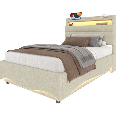Lit capitonné 90x200 cm, LED, mécanisme hydraulique, USB Type-C, étagère et rangements, lin beige, matelas non inclus (1/5)