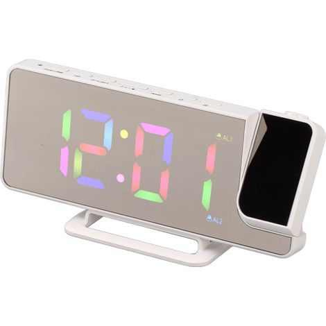 Digitaluhr mit RGB-LED-Beleuchtung, großem Bildschirm, Spiegelprojektion, Multifunktionstisch, elektronischem Wecker, Weiß (1/5)