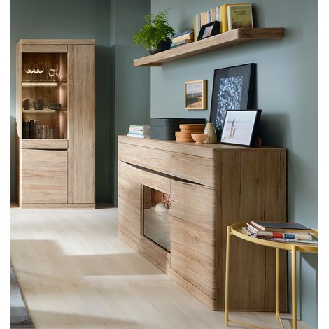 Wohnmöbel Set Vitrine, Sideboard, Wandboard, mit Beleuchtung SANFORD-129 in Eiche hell Nb. (1/5)