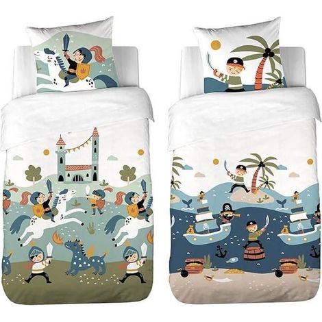 Parure de lit Enfant réversible Pirate et Chevalier – Housse de Couette 140x200 cm + 1 Taie d’Oreiller 63x63 cm – Microfibre