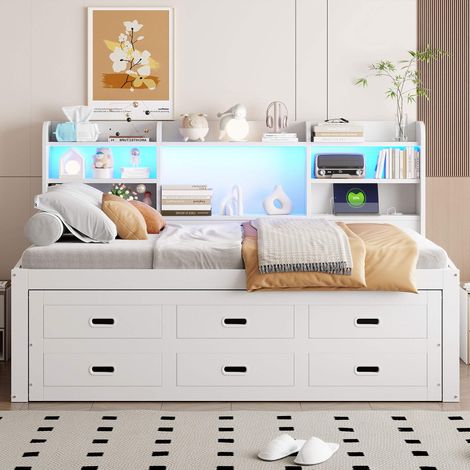 Lit banquette extensible 90x200 cm blanc, lit canapé avec lit gigogne, 3 tiroirs, LED, prises USB et USB-C, rangements intégrés, sans matelas (1/5)