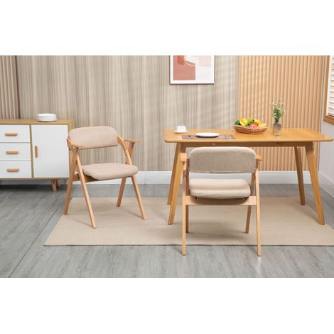 Lot de 2 chaises pliantes en bois de hêtre massif, tissu lin kaki, accoudoirs, assise rembourrée déhoussable, 52,5 x 60 x 79 cm (1/5)