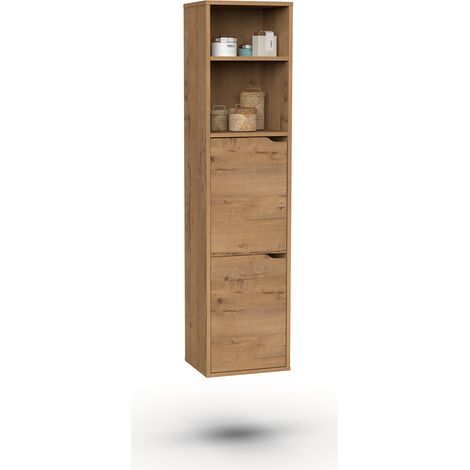Pegane – Colonne de salle de bain chêne doré – Hauteur 150 cm – Longueur 36 cm – Profondeur 30 cm – 2 portes – 2 étagères réglables (1/5)