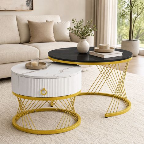 Tavolini da salotto a nido 2 pezzi con cassetto effetto marmo, bianco/oro DESVIAE (1/5)
